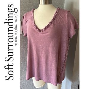 Soft Surroundings Scoop Neck Linen Short Sleeve Shirt Pink rope detail m…